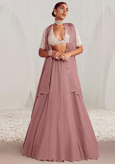 Dusty Rose Pink Lehenga Set With Hand Embroidered Blouse And Dupatta
