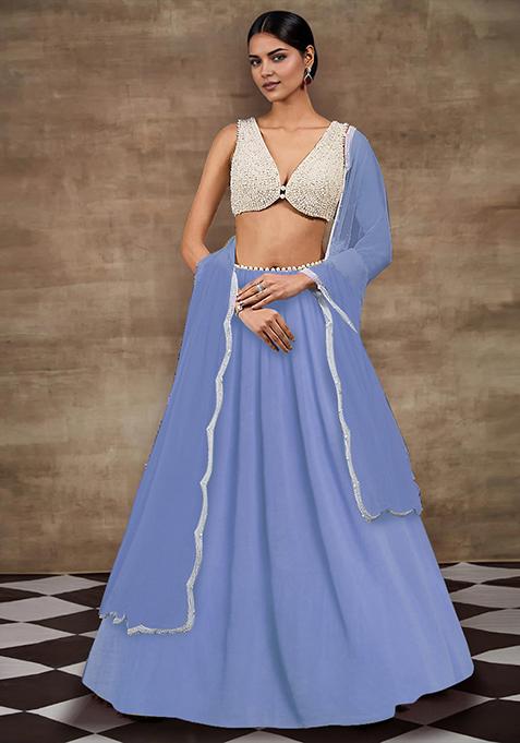 Powder Blue Lehenga Set With Hand Embroidered Blouse And Dupatta