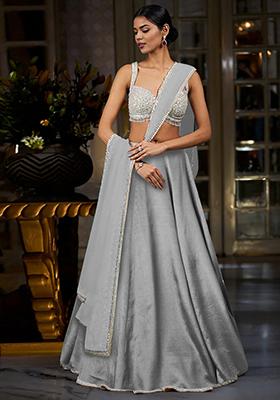 Grey Lehenga Set With Hand Embroidered Blouse And Dupatta