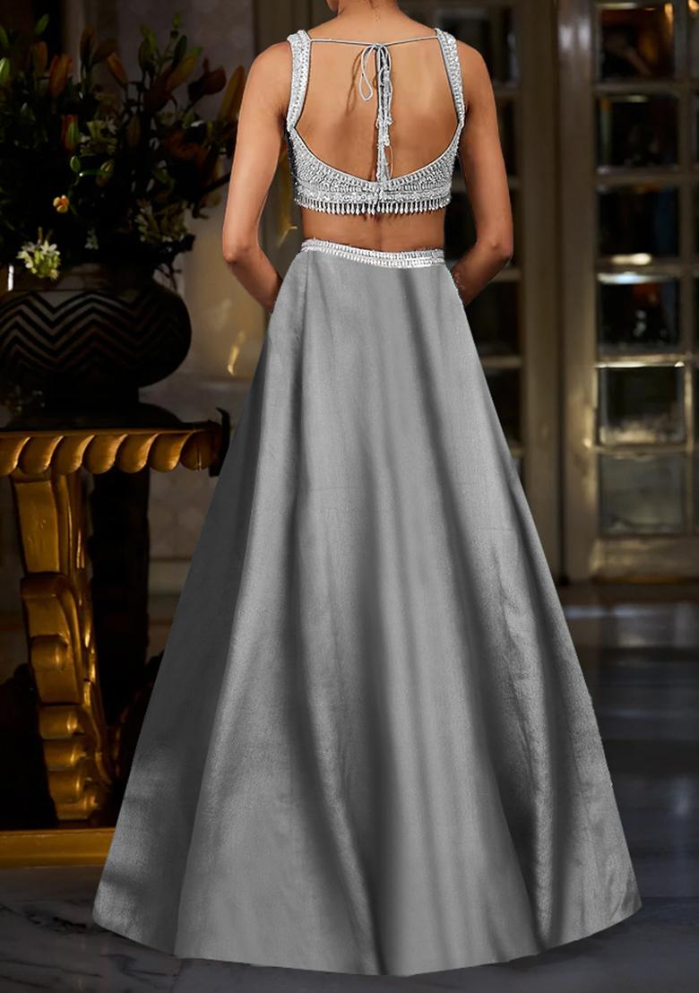 Grey Lehenga Set With Hand Embroidered Blouse And Dupatta