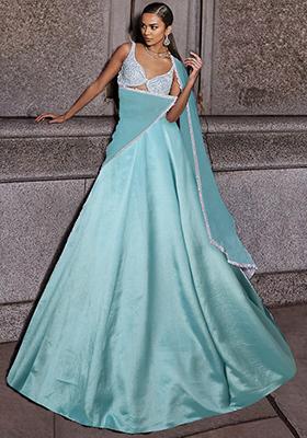 Teal Green Lehenga Set With Hand Embroidered Blouse And Dupatta