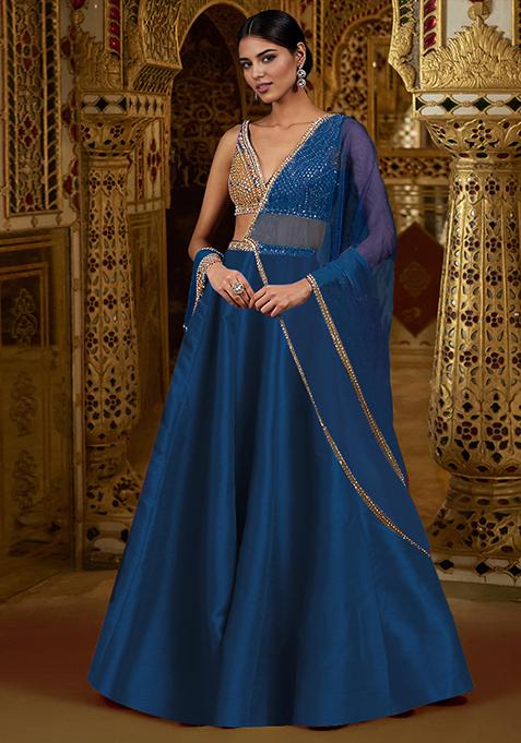 Blue Lehenga Set With Hand Embroidered Blouse And Dupatta