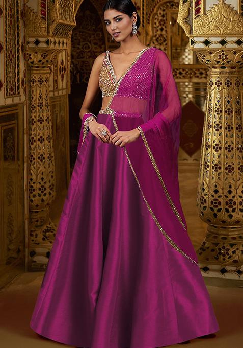 Rani Pink Lehenga Set With Hand Embroidered Blouse And Dupatta