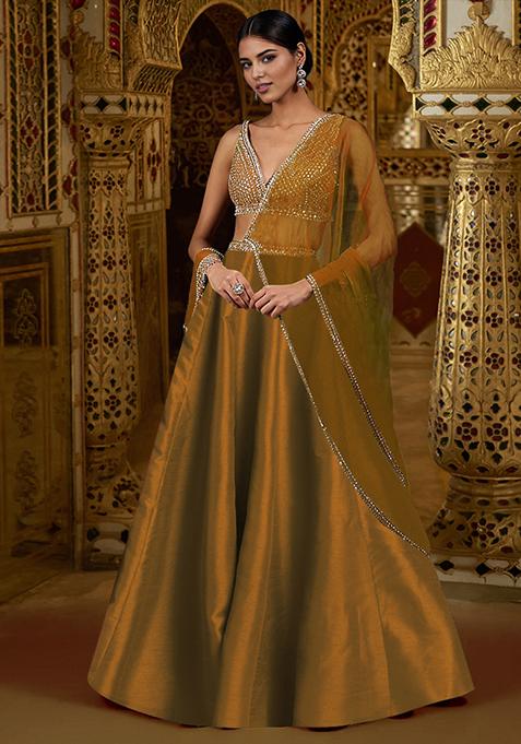 Golden Lehenga Set With Hand Embroidered Blouse And Dupatta