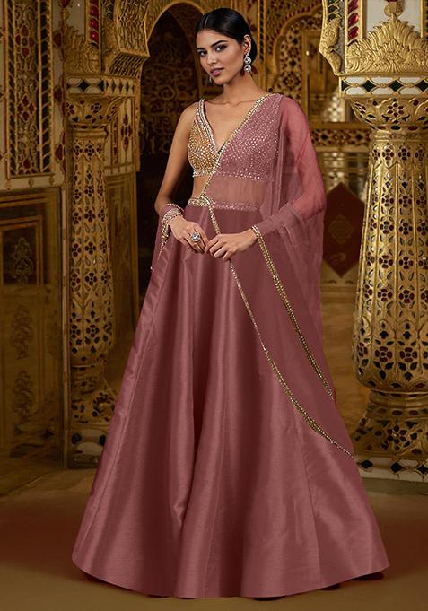 Rusty Pink Lehenga Set With Hand Embroidered Blouse And Dupatta
