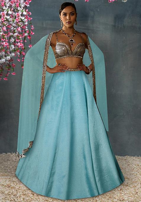 Blue Lehenga Set With Hand Embroidered Blouse And Dupatta