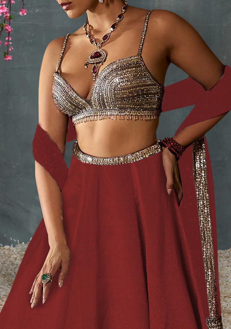 Brick Red Lehenga Set With Hand Embroidered Blouse And Dupatta