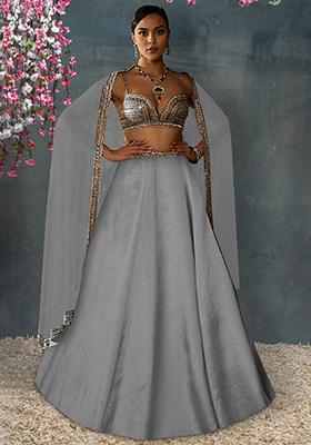 Steel Grey Lehenga Set With Hand Embroidered Blouse And Dupatta