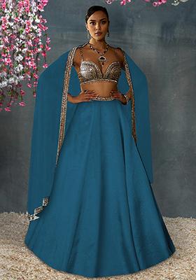 Teal Blue Lehenga Set With Hand Embroidered Blouse And Dupatta