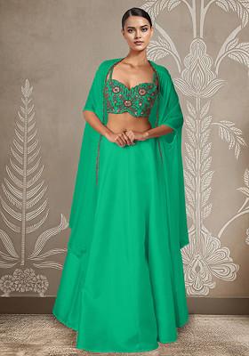 Green Lehenga Set With Hand Embroidered Blouse And Jacket