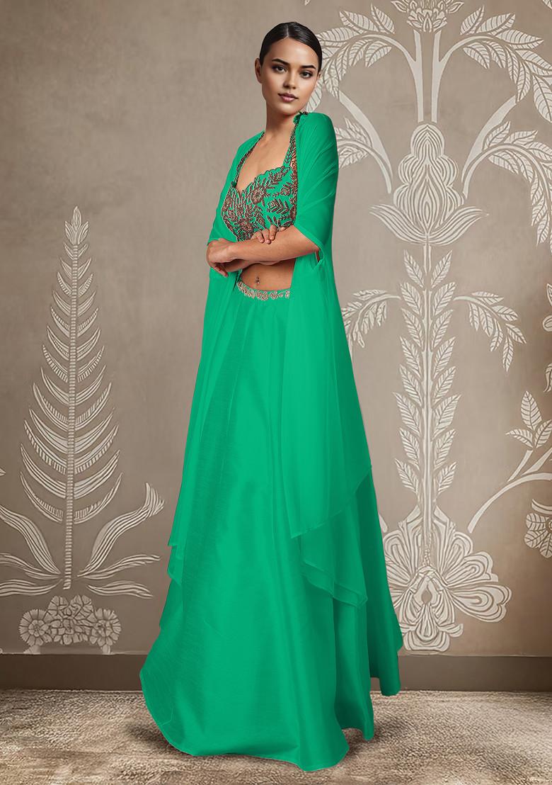 Green Lehenga Set With Hand Embroidered Blouse And Jacket