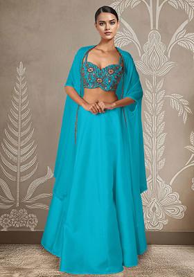 Blue Lehenga Set With Hand Embroidered Blouse And Jacket