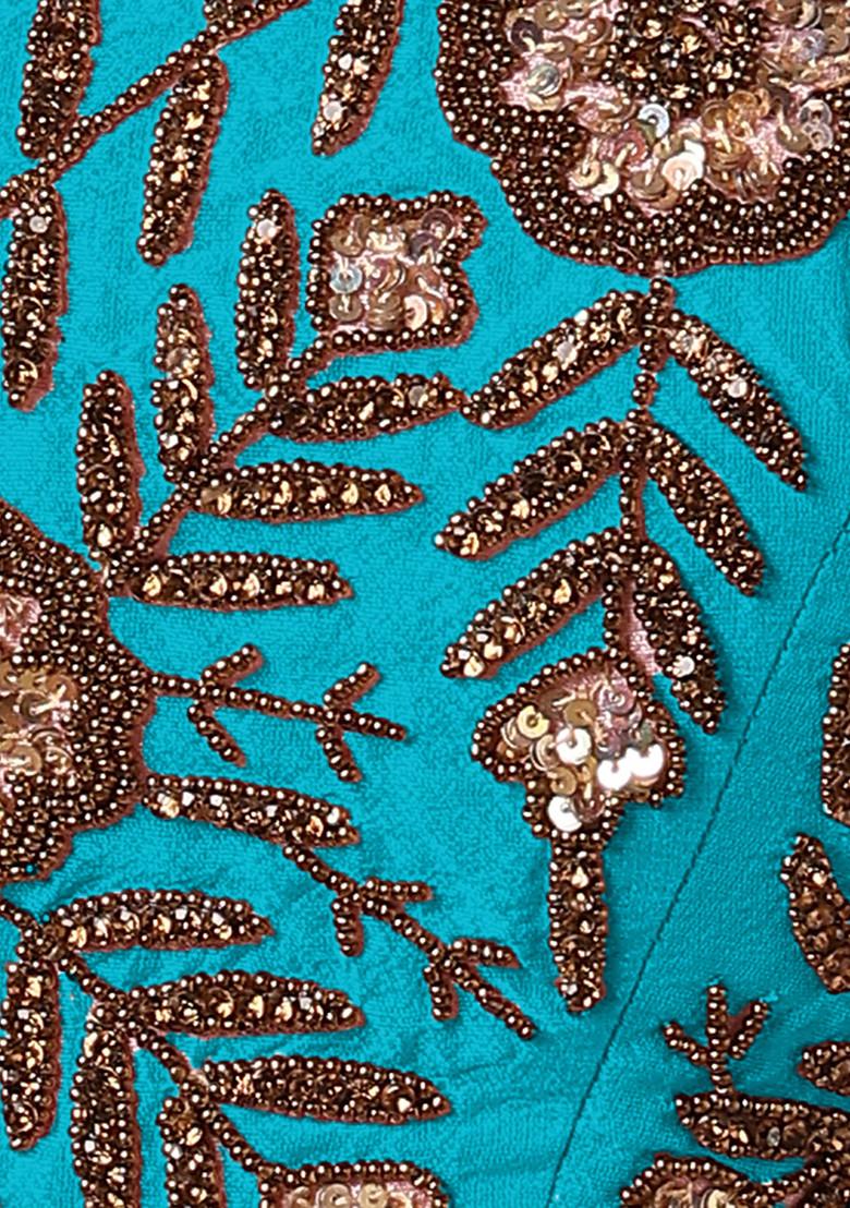 Blue Lehenga Set With Hand Embroidered Blouse And Jacket