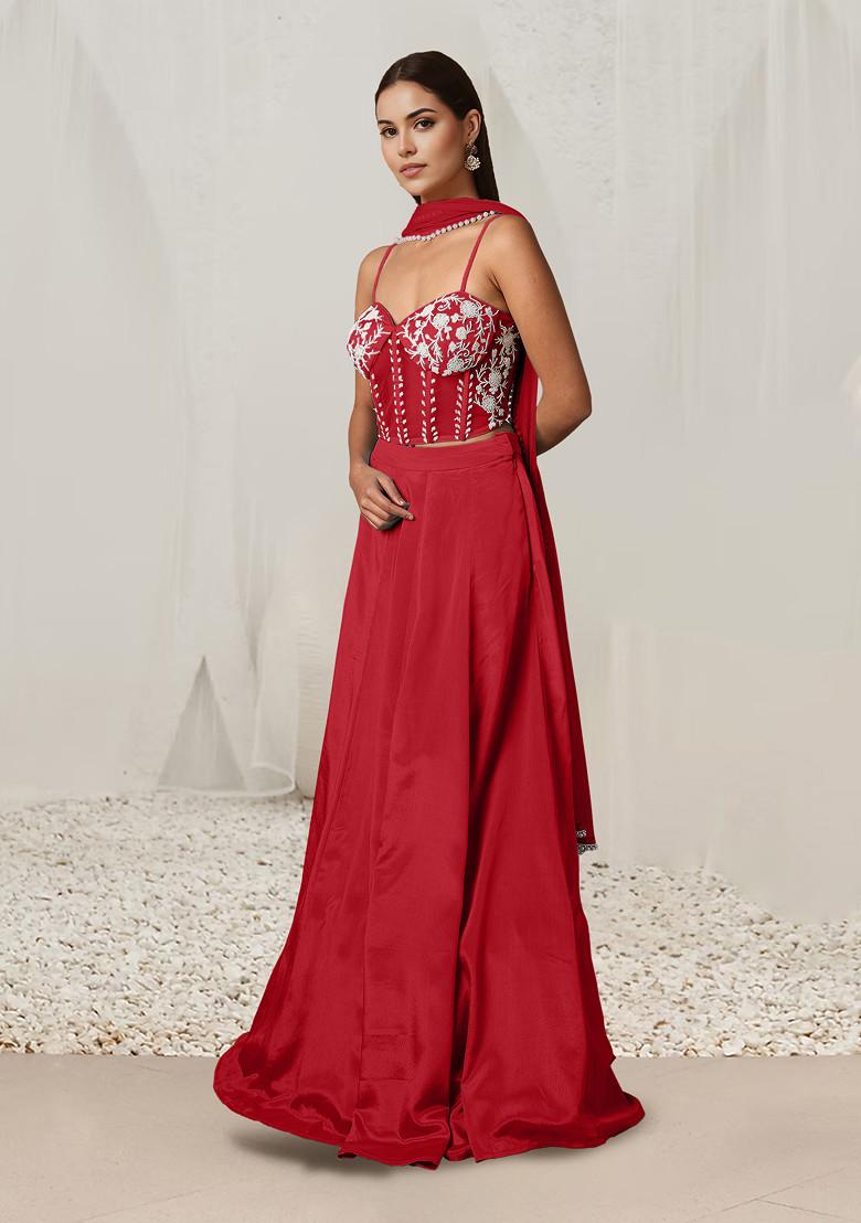 Red Lehenga Set With Hand Embroidered Blouse And Dupatta