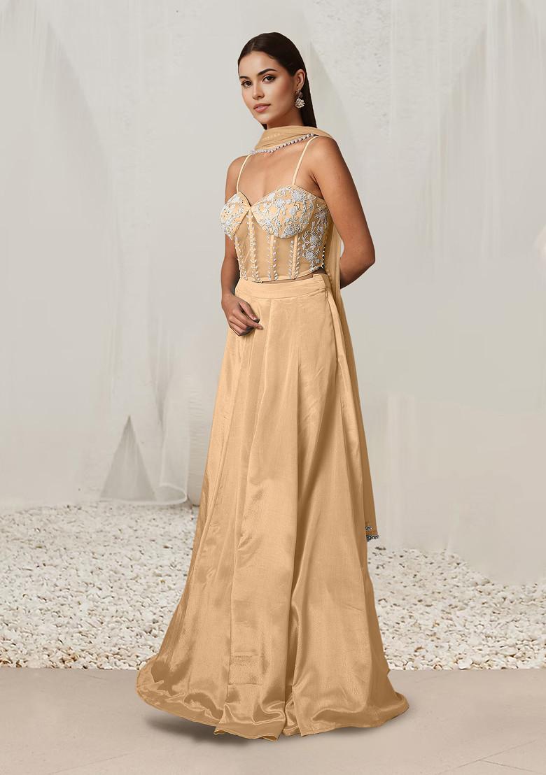 Beige Lehenga Set With Hand Embroidered Blouse And Dupatta