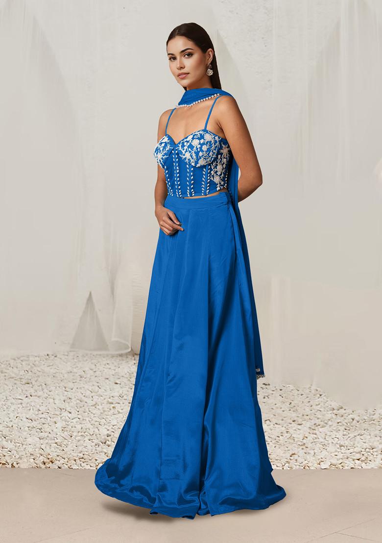 Blue Lehenga Set With Hand Embroidered Blouse And Dupatta