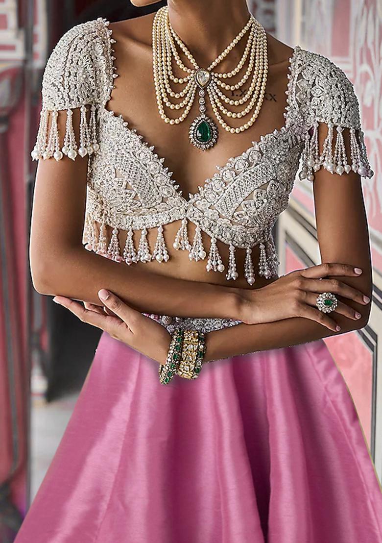 Pink Lehenga Set With Hand Embroidered Blouse And Dupatta