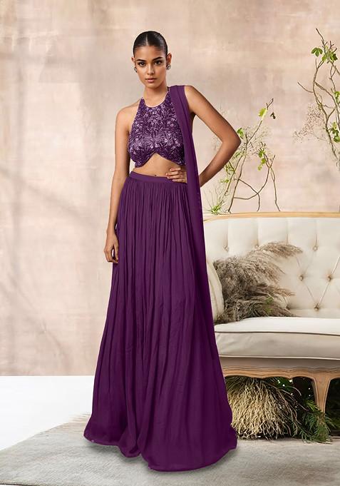 Purple Lehenga Set With Hand Embroidered Blouse And Dupatta