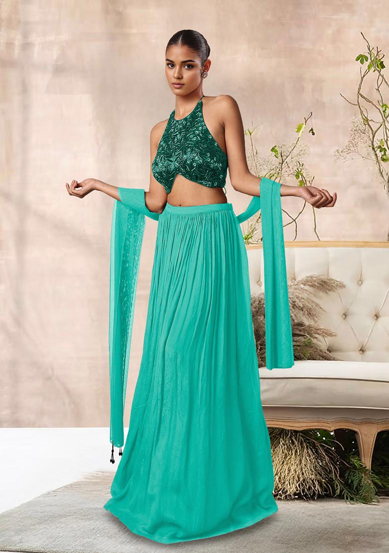 Green Lehenga Set With Hand Embroidered Blouse And Dupatta