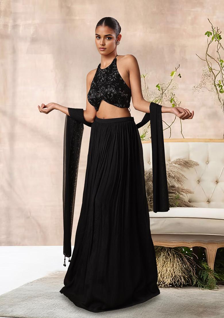 Black Lehenga Set With Hand Embroidered Blouse And Dupatta