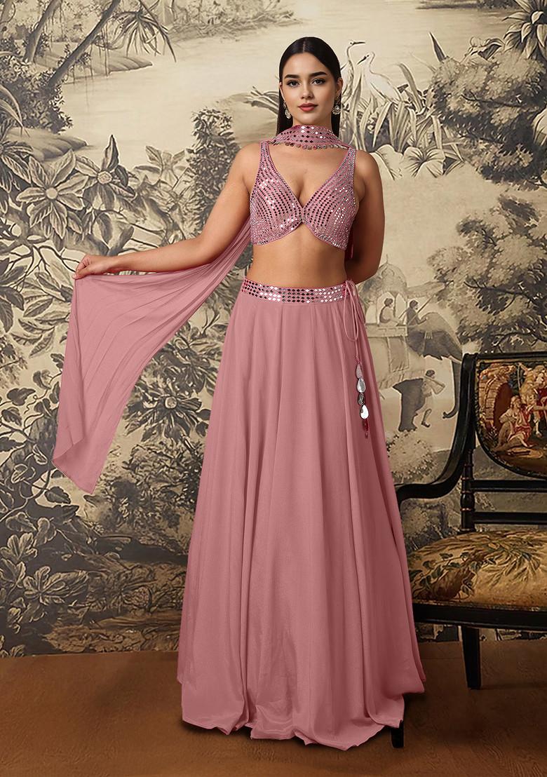Pink Lehenga Set With Hand Embroidered Blouse And Dupatta