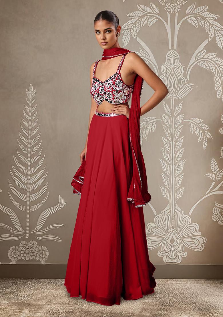 Red Lehenga Set With Hand Embroidered Blouse And Dupatta