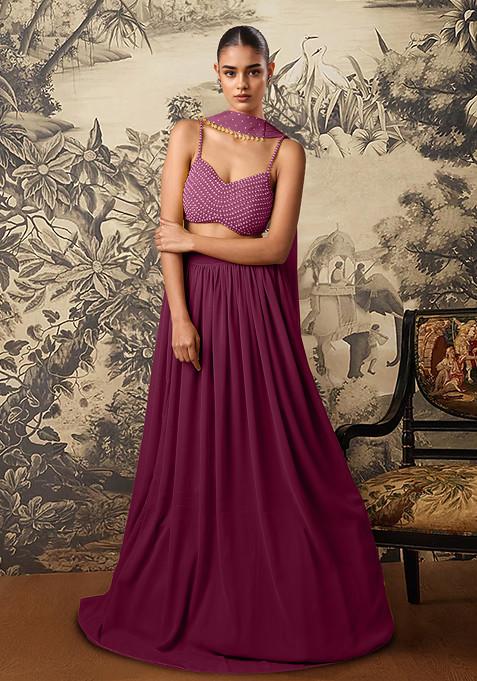 Purple Lehenga Set With Hand Embroidered Blouse And Dupatta