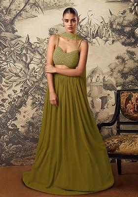 Olive Lehenga Set With Hand Embroidered Blouse And Dupatta