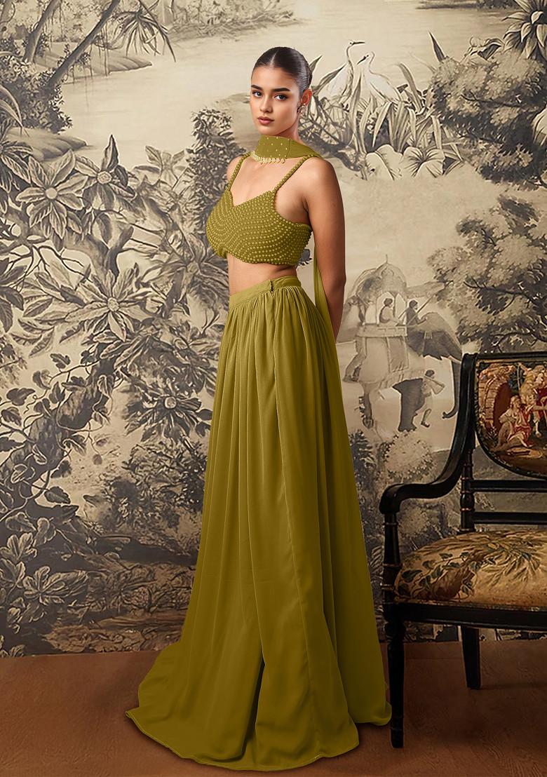 Olive Lehenga Set With Hand Embroidered Blouse And Dupatta