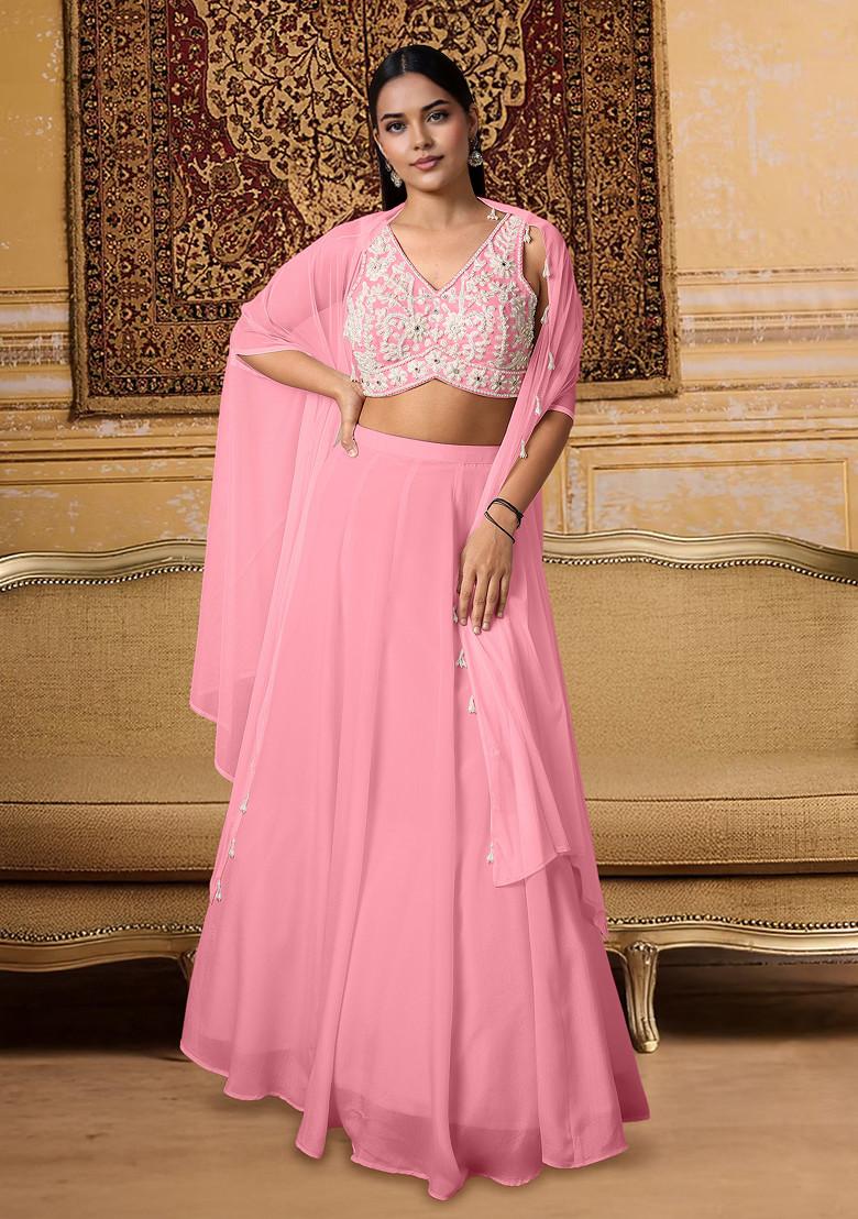 Pink Lehenga Set With Hand Embroidered Blouse And Jacket