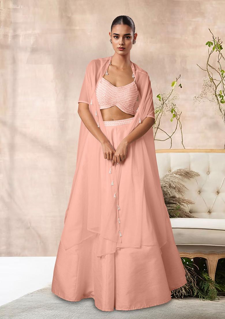 Peach Lehenga Set With Hand Embroidered Blouse And Jacket