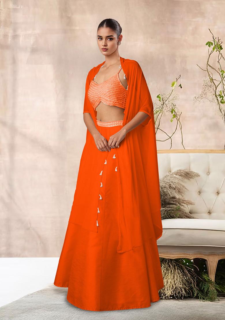 Orange Lehenga Set With Hand Embroidered Blouse And Jacket