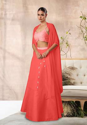 Orange Lehenga Set With Hand Embroidered Blouse And Jacket
