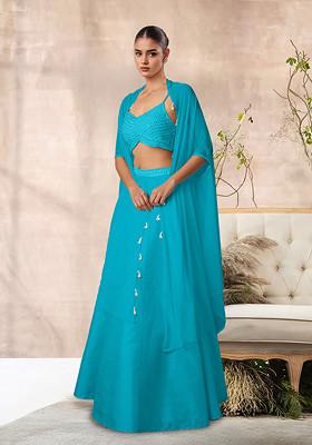 Blue Lehenga Set With Hand Embroidered Blouse And Jacket