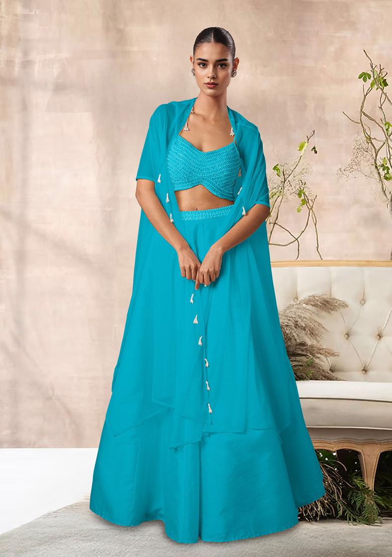 Blue Lehenga Set With Hand Embroidered Blouse And Jacket