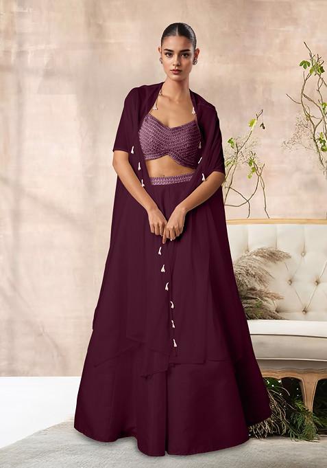 Purple Lehenga Set With Hand Embroidered Blouse And Jacket