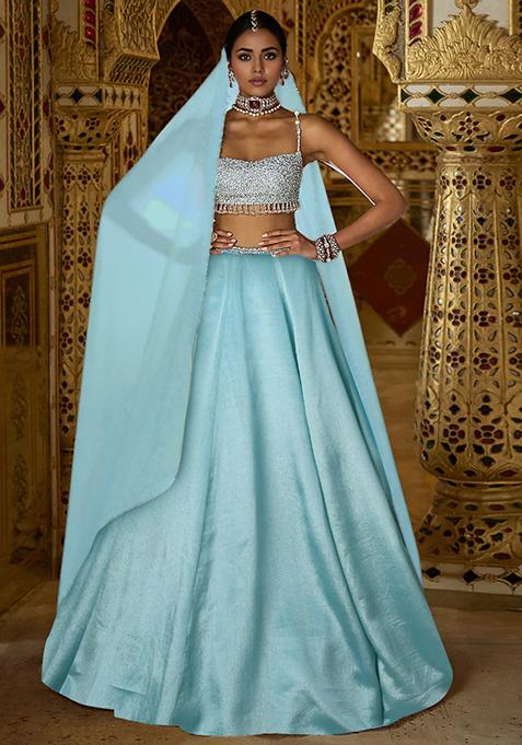 Aqua Blue Lehenga Set With Hand Embroidered Blouse And Dupatta