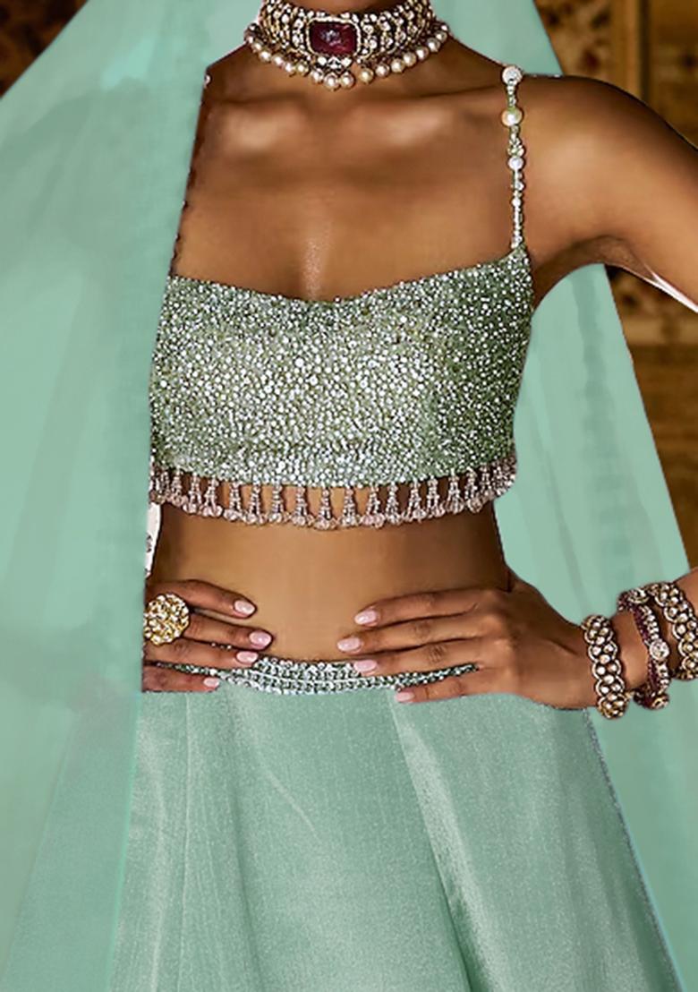 Sage Green Lehenga Set With Hand Embroidered Blouse And Dupatta