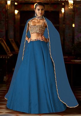 Teal Blue Lehenga Set With Hand Embroidered Blouse And Dupatta