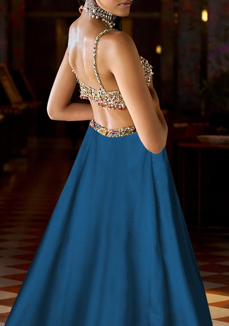 Teal Blue Lehenga Set With Hand Embroidered Blouse And Dupatta