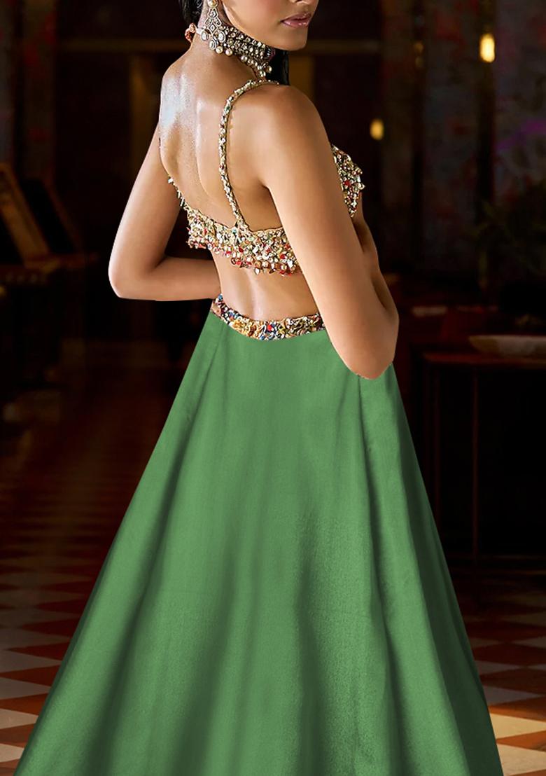 Forest Green Lehenga Set With Hand Embroidered Blouse And Dupatta