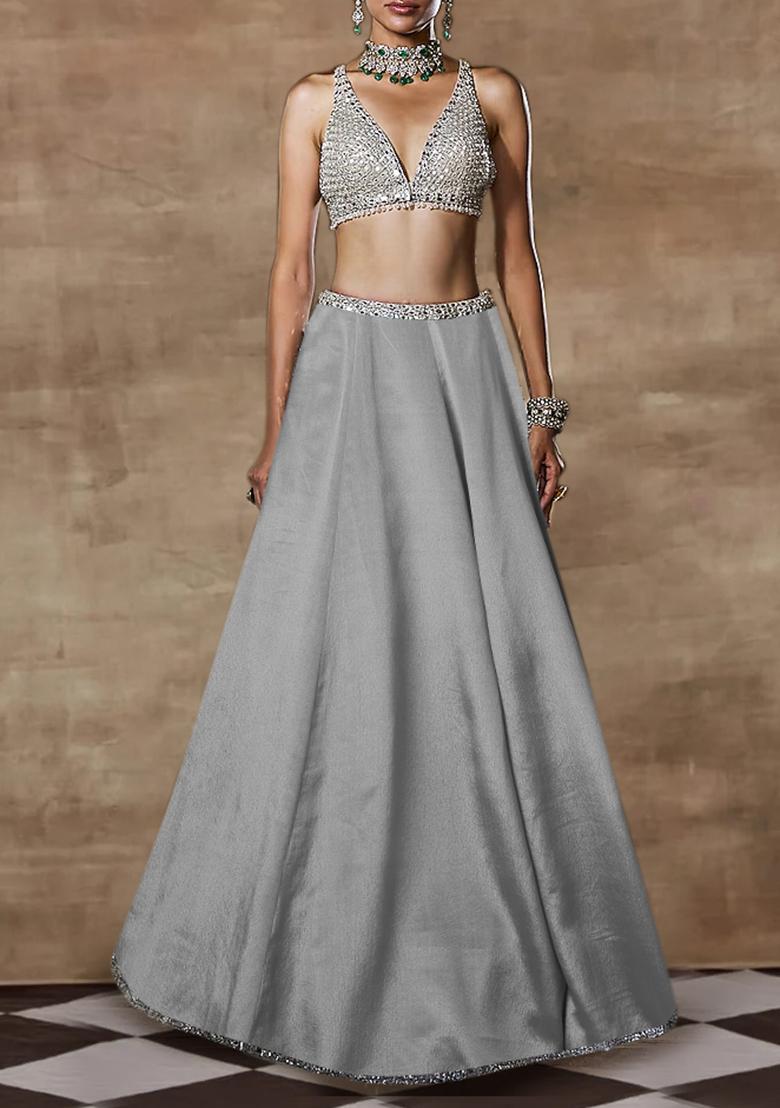Silver Lehenga Set With Hand Embroidered Blouse And Dupatta