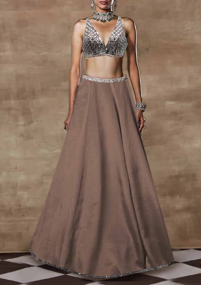 Mouse Brown Lehenga Set With Hand Embroidered Blouse And Dupatta