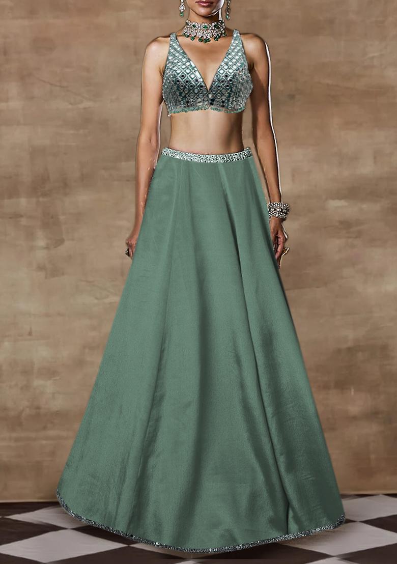 Sage Green Lehenga Set With Hand Embroidered Blouse And Dupatta