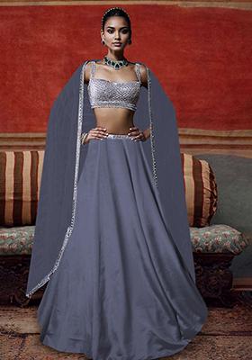 Stone Grey Lehenga Set With Hand Embroidered Blouse And Dupatta