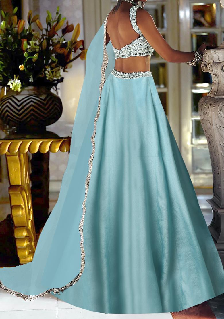 Light Blue Lehenga Set With Hand Embroidered Blouse And Dupatta