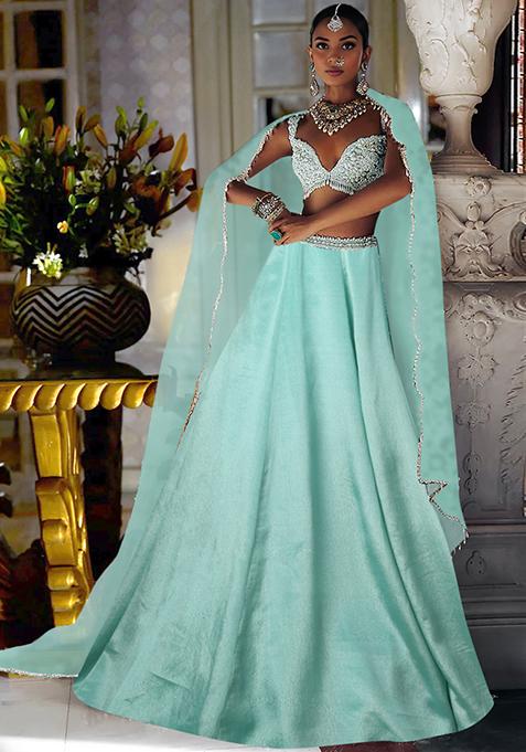 Sea Green Lehenga Set With Hand Embroidered Blouse And Dupatta