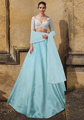 Blue Lehenga Set With Hand Embroidered Blouse And Dupatta
