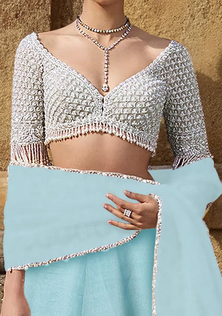 Blue Lehenga Set With Hand Embroidered Blouse And Dupatta