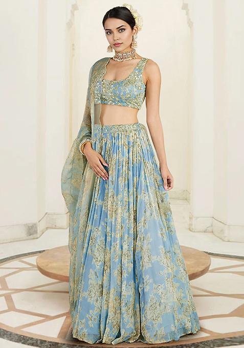 Blue Lehenga Set With Hand Embroidered Blouse And Dupatta